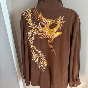 VTG Bob Mackie Wearable Art Phoenix Embroidered Faux Suede Jacket Brown 3X